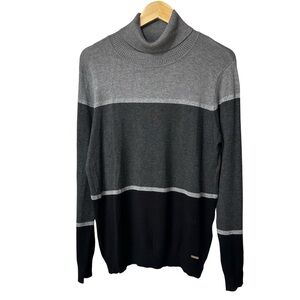 Calvin Klein Gray Black Silver Metallic Colorblock Turtleneck Sweater, Large